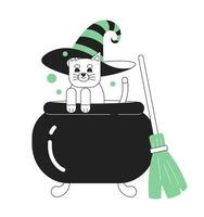 Cauldron cat monochrome concept vector spot illustration. Animal in halloween costume 2D flat bw cartoon character for web UI design. Cute kitten with witch hat isolated editable hand drawn hero image