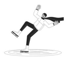 Perplexed man in scarf on ice rink flat line black white vector character. Editable outline full body man skates and falls on white. Simple cartoon isolated spot illustration for web graphic design