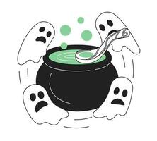 Cauldron with ghosts on Halloween monochrome concept vector spot illustration. Magic cooking with spirits 2D flat bw cartoon composition for web UI design. Isolated editable hand drawn hero image