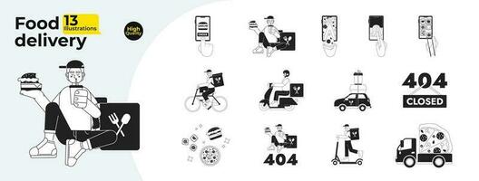 Food delivery monochrome concept vector spot illustrations bundle. Courier deliver from restaurant 2D flat bw cartoon characters for web UI design. Isolated editable hand drawn hero image collection