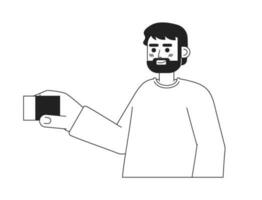 Happy bearded dad holding constructor cube monochromatic flat vector character. Male parent in daycare. Editable thin line person on white. Simple bw cartoon spot image for web graphic design