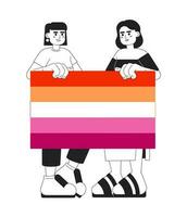Attractive women hold lesbian pride flag monochromatic flat vector characters. Editable thin line full body people support lgbt community on white. Simple bw cartoon spot image for web graphic design