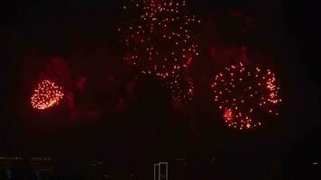 hermosa festivo fuegos artificiales en el noche ciudad. celebracion y vistoso espumoso luces en el cielo video