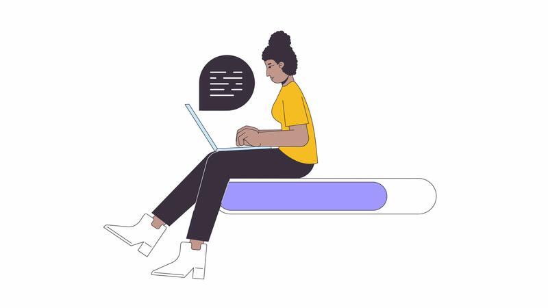 Programmer typing laptop line 2D loading bar animation. Black woman ...