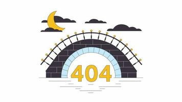 Stone bridge over river in moonlight 404 error animation. Error message gif, motion graphic. Stone arch bridge in cloudy nighttime animated cartoon line scene 4K video isolated on white background