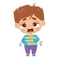 Suffering sick boy. Child is crying and holding his stomach. Pain in thestomach and abdomen. Vector illustration. Sad male kid character in cartoon style.