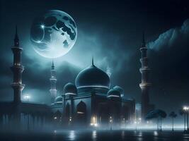 Luna brillante detrás un mezquita ai generado, islámico eid antecedentes generativo imagen foto