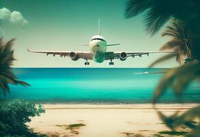 Airplane flying above tropical sea beach , Theme of travel in summer trip , Vacation weekend and tourism. photo