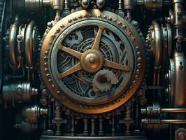 Steampunk mechanism with gears and cogwheels on a dark background photo