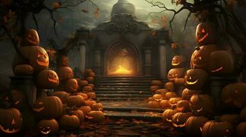 Halloween graveyad with pumkins. AI generated photo