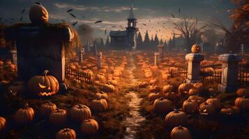 Halloween graveyad with pumkins. AI generated photo