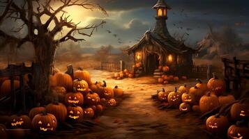 Halloween graveyad with pumkins. AI generated photo