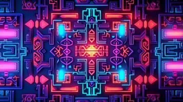 Abstract neon light glowing lines,aztec mayan style pattern design illustration . ai generated photo