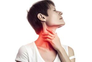 Painful neck. Concept of sore throat, pharyngitis, laryngitis,etc. photo