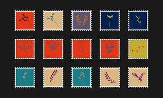 Set of postal stamps and postmarks, black isolated on black background, vector illustration.