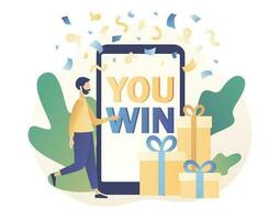 You Win text on screen smartphone. Congrats winner on falling down confetti background. Modern flat cartoon style. Vector illustration on white background