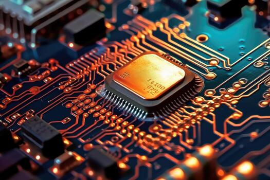 Hight semiconductor technology chip on integrated circuit board, line in light, metallic luster, technology, Abstract technology background, illustration. photo