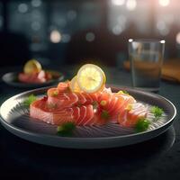 salmon in the plate.Slices of Raw Salmon Fillet on Black Plate Background.sashimi, fresh orange,eat ,delicious. Generative AI illustration. photo