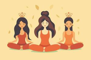 Tres muchachas haciendo ilustración, internacional yoga día, yoga día bandera, yoga día antecedentes vector