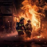 bombero en primer plano con ardiente edificios en antecedentes. la seguridad fuego combatiente equipo, departamento bombero en especial calor resistente proteccion traje. generativo ai ilustración. foto