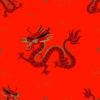 Vector seamless pattern with Asian Dragon Zodiac Sign in Paper Cut Art and Craft style on red colour background.Concept for Wallpaper, fabric, textile background.Chinese Translation,Year of the Dragon