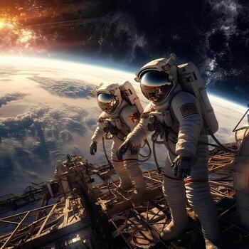Astronauts in space around the solar battarei,incredibly detailed,Picture resolution. illustration. photo