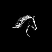 Minimalistic logo template, white icon of horse silhouette on black background, modern logotype concept for business identity, t-shirts print, tattoo. Vector illustration