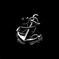 Anchor dotwork tattoo with dots shading, depth illusion, tippling tattoo. Hand drawing white emblem on black background for body art, minimalistic sketch monochrome logo. Vector illustration