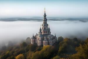 classic church on a sky island covered in clouds ,generative ai photo