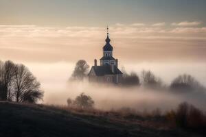 classic church on a sky island covered in clouds ,generative ai photo