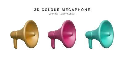 Set of 3d plastic megaphonesisolated on white background. Vector illustration