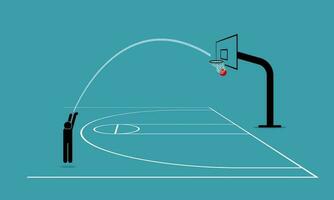 hombre disparo un baloncesto desde Tres punto línea dentro un aro y Puntuación 3. vector ilustración representa concepto de preciso, preciso, hábil, objetivo, enfocar, concentrado y práctica hace Perfecto.