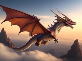 colossal, ancient dragon perches on a mountaintop, with a vast, sprawling fantasy world visible in the background, emphasizing the creature's majesty and power, rendered in a detailed. photo