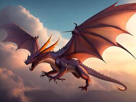 colossal, ancient dragon perches on a mountaintop, with a vast, sprawling fantasy world visible in the background, emphasizing the creature's majesty and power, rendered in a detailed. photo