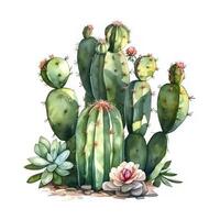 Watercolor illustration of a cactus. Houseplant, desert, succulent. For creating posters, stickers, postcards, prints, sublimations. AI generated photo