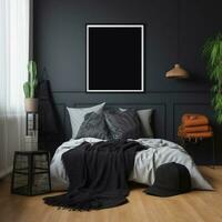 Generative AI.Black frame in comfortable bedroom interior mockup empty. photo