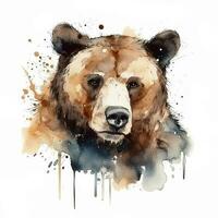 Bear watercolor illustration. Wild forest animal. Portrait. For creating posters, stickers, postcards, prints, sublimations. AI generated photo