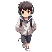 Cool anime boy style with earphones, generated by AI photo