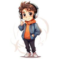 Cool anime boy style with earphones, generated by AI photo