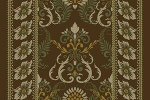 Ikat floral paisley embroidery on dark green background,Ikat ethnic oriental pattern traditional.Aztec style abstract vector illustration.design for texture,fabric,clothing,wrapping,decoration,carpet.