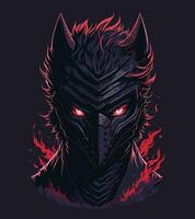 A detailed illustration face evil ninja wolf,magic, t-shirt design, red color , dark magic splash, dark, ghotic, t-shirt design vector