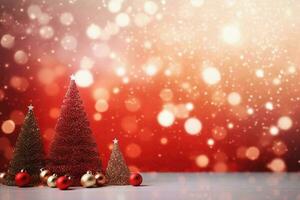 Ai generative. Christmas background with  decorative Christmas tree and sparkle bokeh lights on red background.  Winter holiday theme. Space for text photo