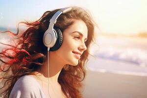 Ai generative. Woman on the sea in headphones listening to music photo