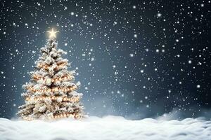 Ai generative. Christmas tree with snow decorated with garland lights, holiday festive background photo