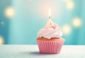 Ai generative. Birthday cupcake with candle, light pastel background photo