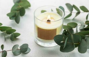 Aroma candle and eucalyptus leaves photo