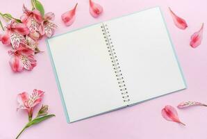 The notebook surrounded by pink Alstroemeria flowers and petals photo