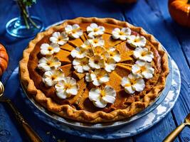 AI generated. Autumn. Fresh sweet Homemade Traditional Festive American Pumpkin Pie for Thanksgiving, Harvest Feast Ready to eat. Dessert. concept - symbol of holiday, tradition, delicious food, home photo