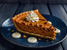 AI generated. Autumn. Fresh sweet Homemade Traditional Festive American Pumpkin Pie for Thanksgiving, Harvest Feast Ready to eat. Dessert. concept - symbol of holiday, tradition, delicious food, home photo