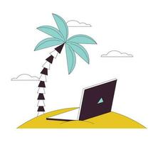 Laptop on beach flat line color isolated vector object. Remote work device. Editable clip art image on white background. Simple outline cartoon spot illustration for web design